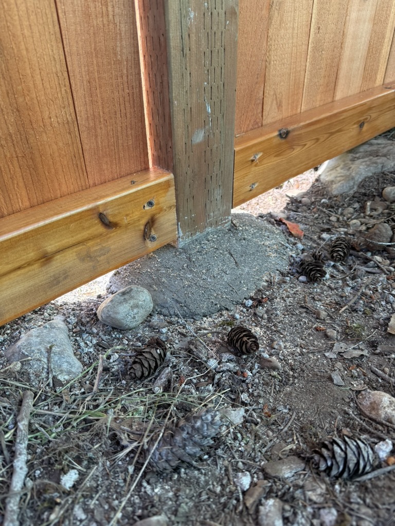 Close-up of a domed, above-grade concrete footing around a fence post