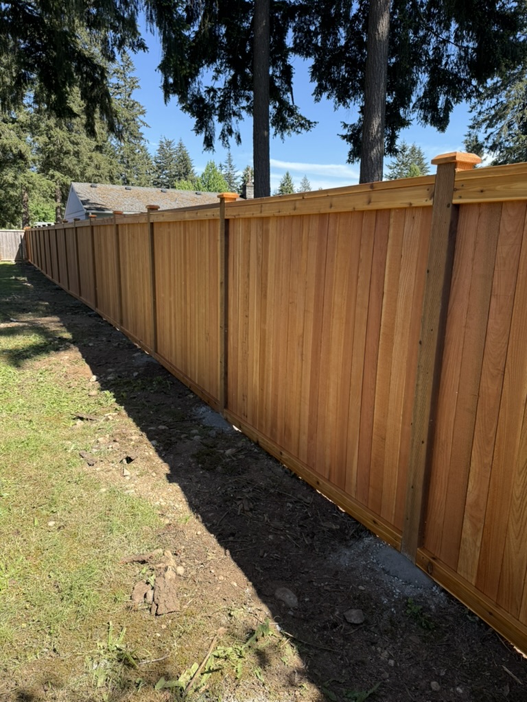 Cedar fence with exposed mounded concrete footings raised above grade